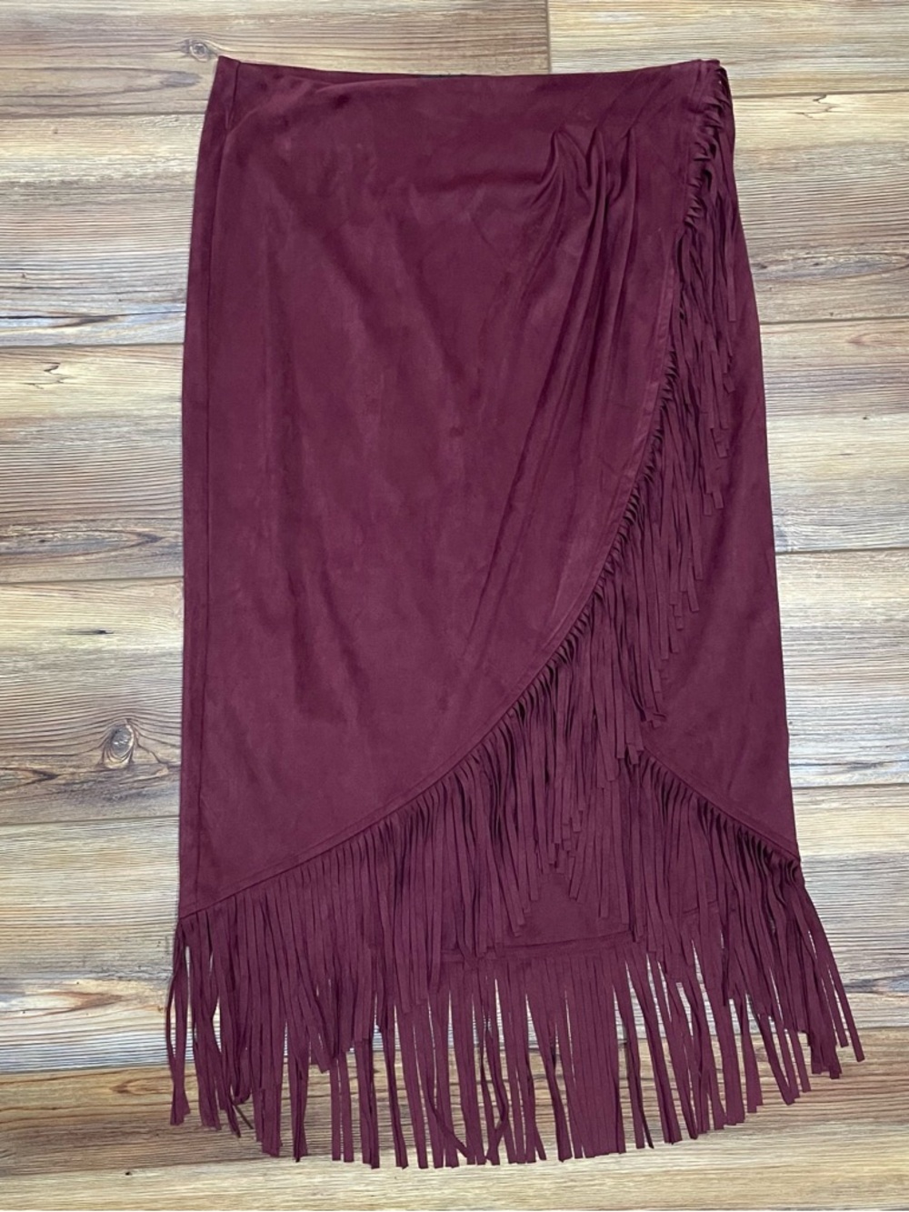 Shyanne Fringe Faux Suede Wrap Skirt A Line Maroon Boho Western Midi Size Medium